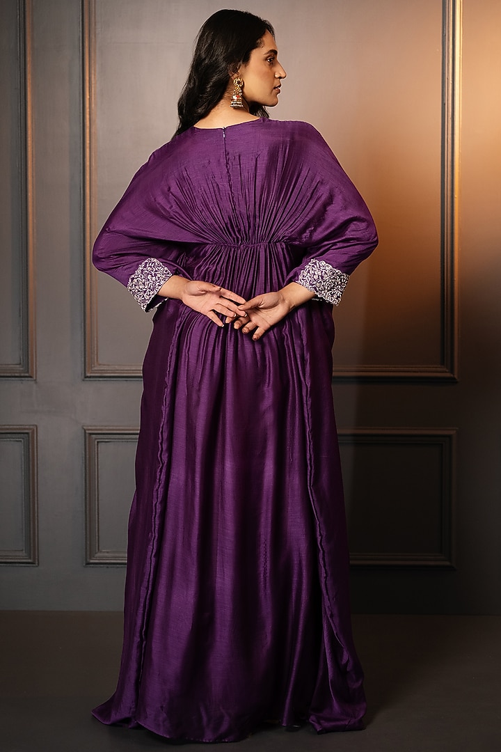 Purple Cotton Silk Zari Hand Embroidered Kaftan by Neelu and Manvi at Pernia's Pop Up Shop