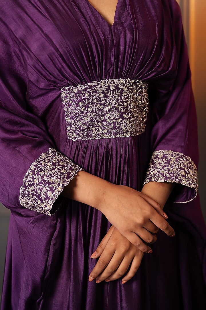 Purple Cotton Silk Zari Hand Embroidered Kaftan by Neelu and Manvi at Pernia's Pop Up Shop