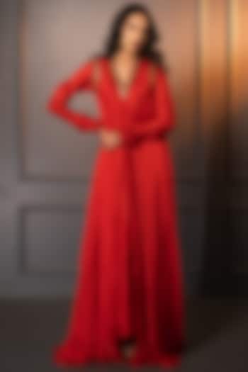 Red Cotton Silk Hand Embroidered Maxi Vacation Dress by Neelu and Manvi at Pernia's Pop Up Shop