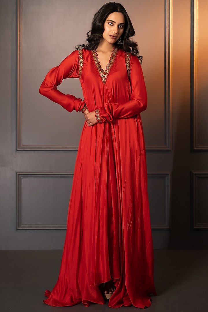 Red Cotton Silk Hand Embroidered Maxi Vacation Dress by Neelu and Manvi at Pernia's Pop Up Shop