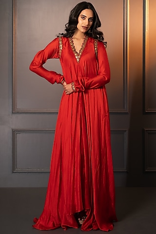Red Cotton Silk Hand Embroidered Maxi Dress by Neelu and Manvi
