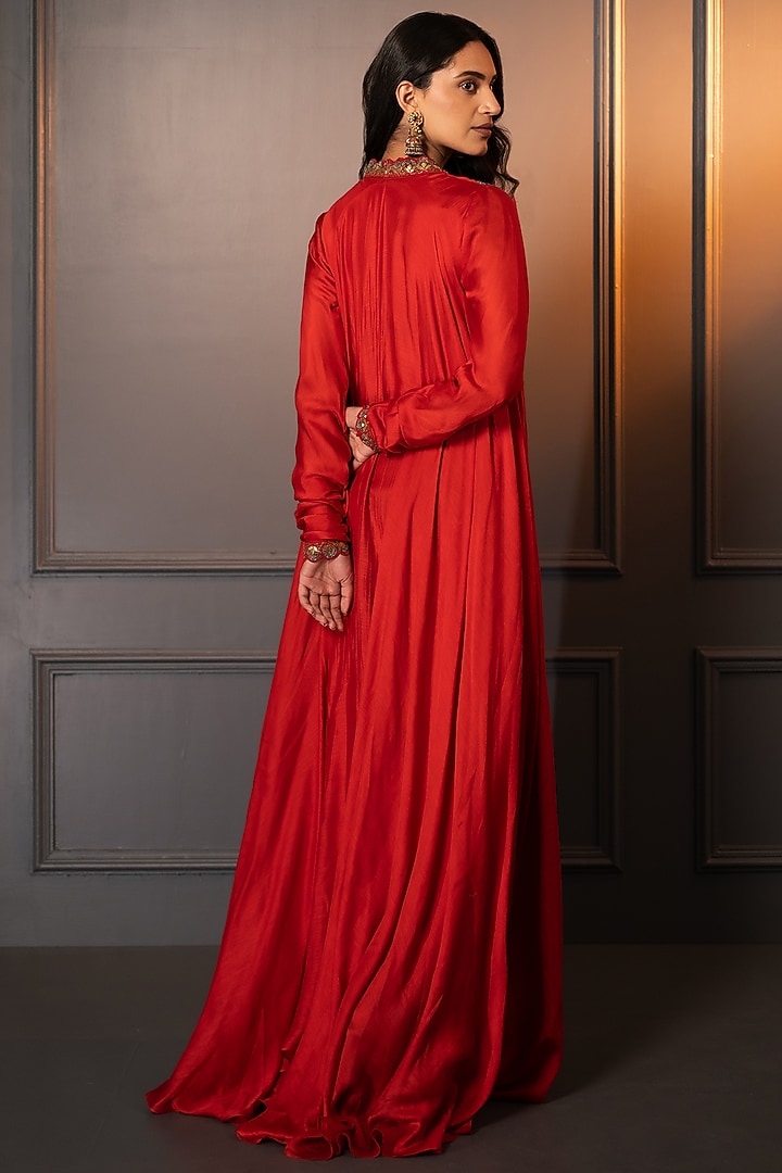 Red Cotton Silk Hand Embroidered Maxi Vacation Dress by Neelu and Manvi at Pernia's Pop Up Shop