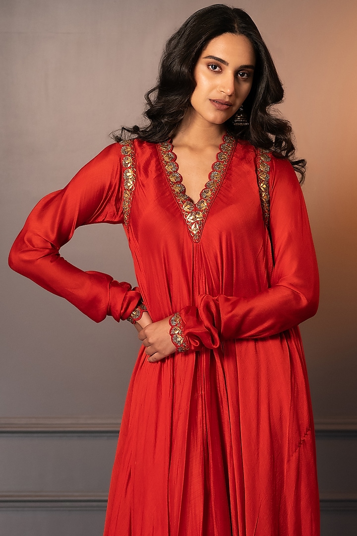 Red Cotton Silk Hand Embroidered Maxi Vacation Dress by Neelu and Manvi at Pernia's Pop Up Shop
