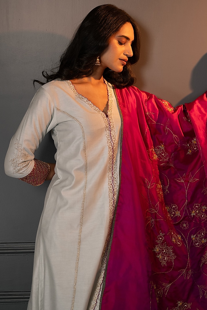 Light Blue Cotton Silk Hand Embroidered Kurta Set by Neelu and Manvi at Pernia's Pop Up Shop