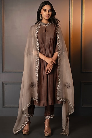 Brown Cotton Silk Thread Work Kurta Set by Neelu and Manvi
