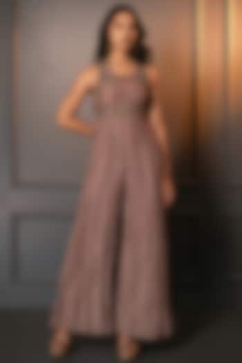 Dusty Pink Cotton Silk Embroidered Jumpsuit With Belt by Neelu and Manvi at Pernia's Pop Up Shop