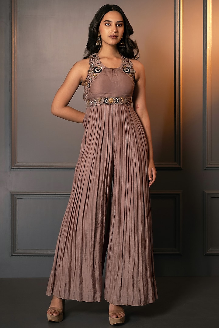 Dusty Pink Cotton Silk Embroidered Jumpsuit With Belt by Neelu and Manvi at Pernia's Pop Up Shop