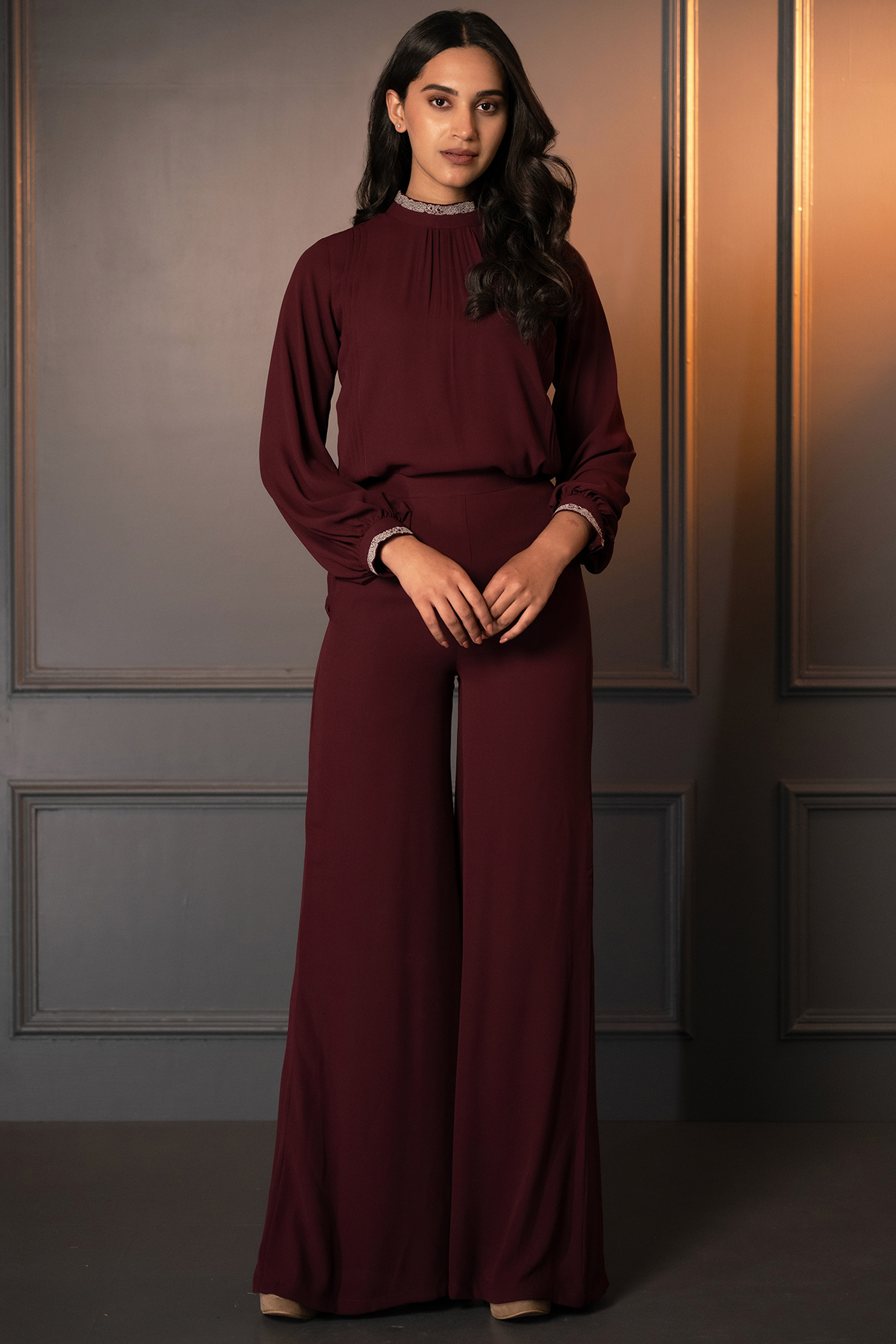 Wine Georgette Thread Work Co-Ord Set by Neelu and Manvi at Pernia's Pop Up Shop