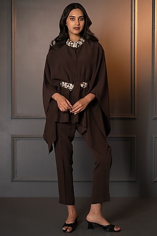Brown Moss Crepe Embroidered Cape Set by Neelu and Manvi