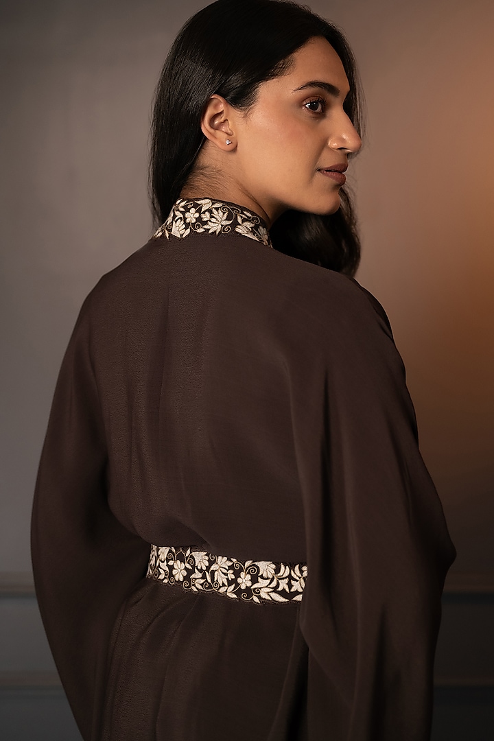 Brown Moss Crepe Embroidered Cape Set by Neelu and Manvi at Pernia's Pop Up Shop