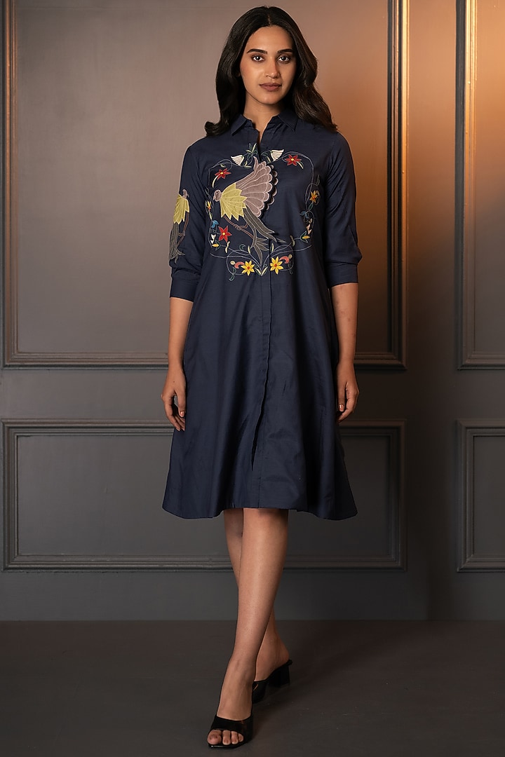 Blue Cotton Silk Applique & Thread Work Summer Dress by Neelu and Manvi at Pernia's Pop Up Shop