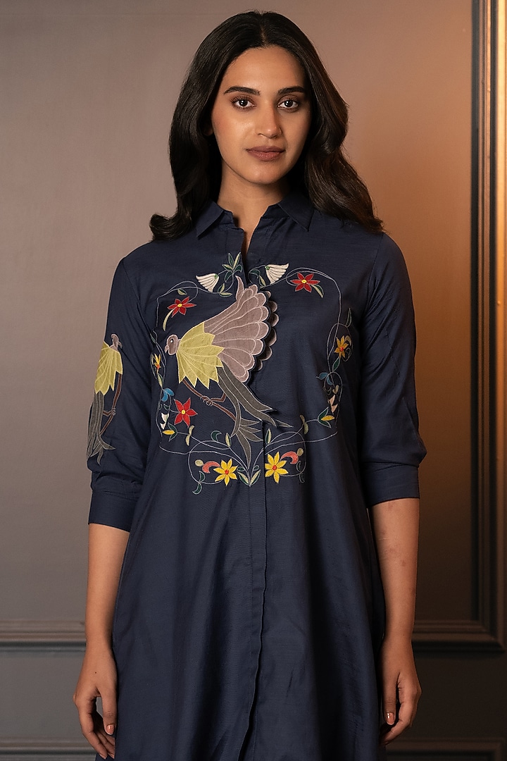 Blue Cotton Silk Applique & Thread Work Summer Dress by Neelu and Manvi at Pernia's Pop Up Shop