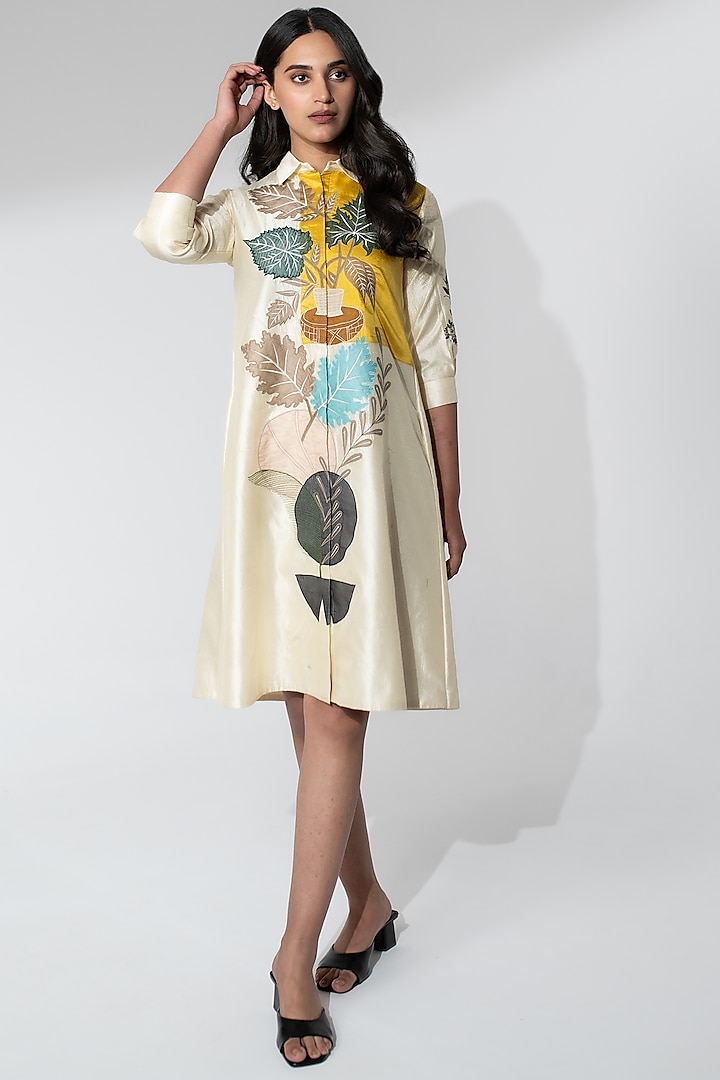 Off-White Silk Applique & Thread Work Summer Dress by Neelu and Manvi at Pernia's Pop Up Shop