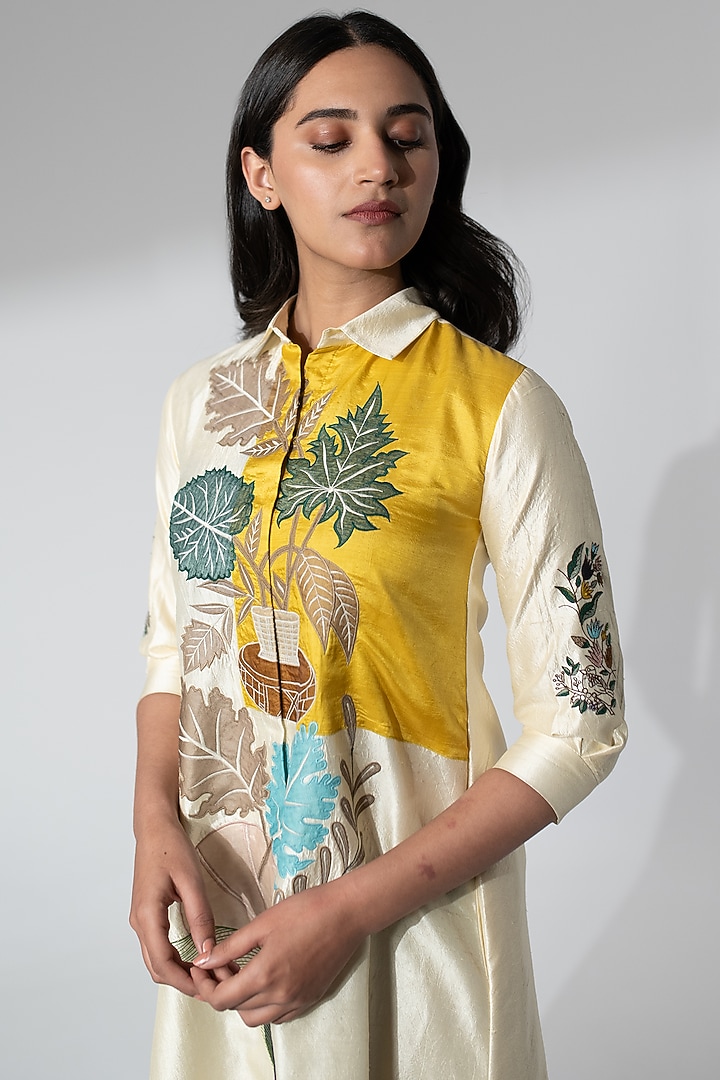 Off-White Silk Applique & Thread Work Summer Dress by Neelu and Manvi at Pernia's Pop Up Shop