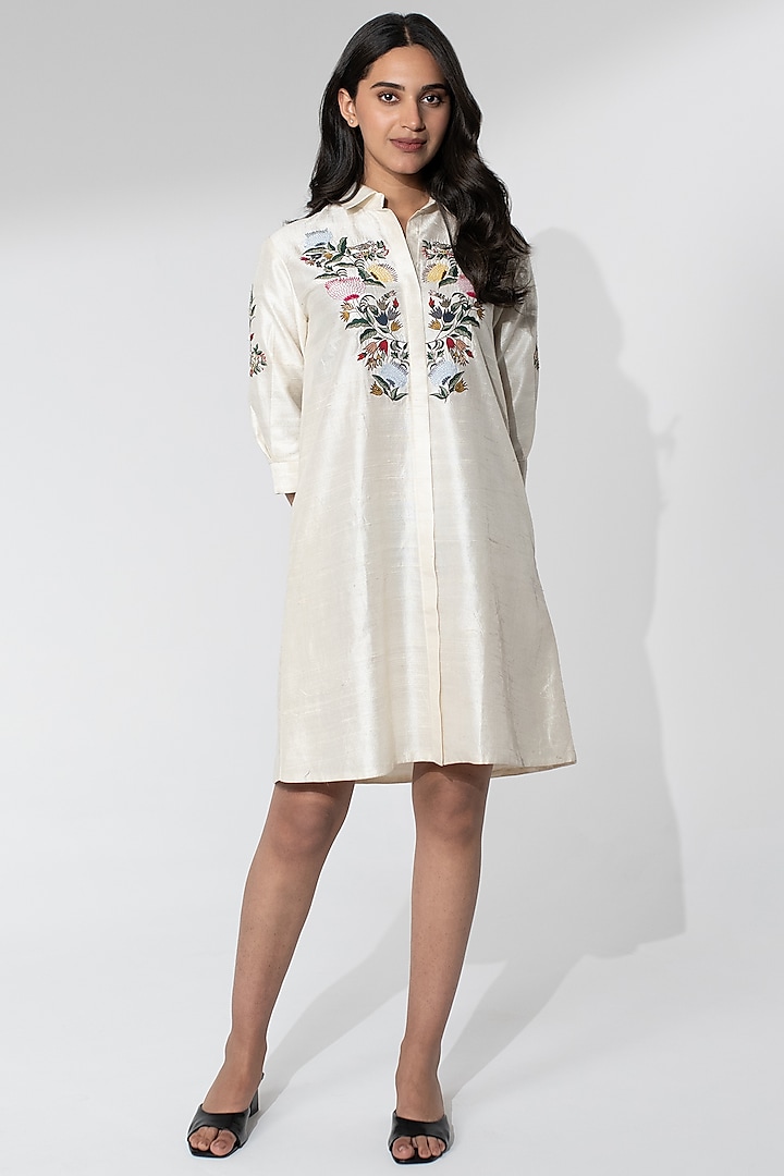 Ivory Raw Silk Thread Hand Embroidered Vacation Dress by Neelu and Manvi at Pernia's Pop Up Shop