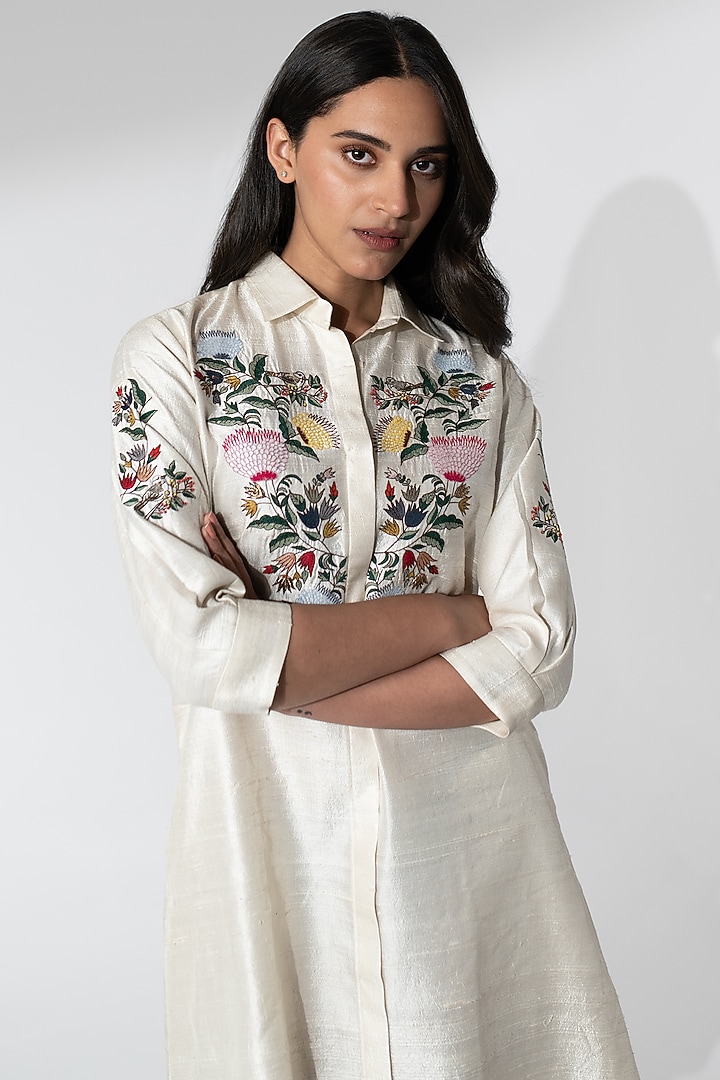 Ivory Raw Silk Thread Hand Embroidered Vacation Dress by Neelu and Manvi at Pernia's Pop Up Shop