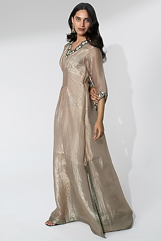 Gold Tissue Dori Work Kaftan Dress by Neelu and Manvi