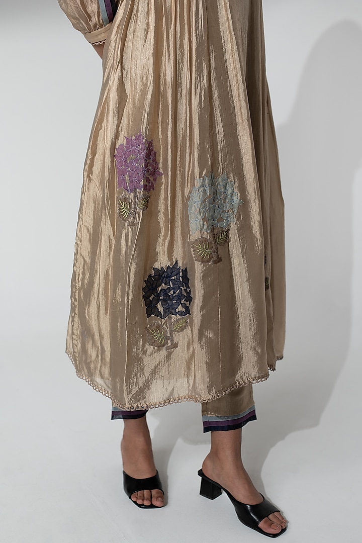 Golden Dupion Silk Applique Work Kurta Set by Neelu and Manvi at Pernia's Pop Up Shop