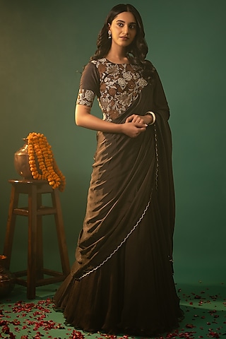 Brown Chiffon Skirt Set by Neelu and Manvi