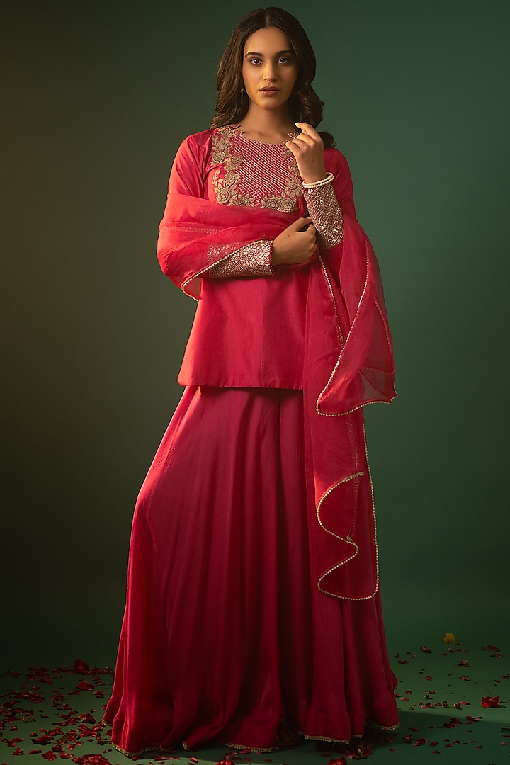 Pink Satin Georgette Party Wear Sharara Set by Neelu and Manvi at Pernia's Pop Up Shop
