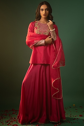 Pink Satin Georgette Sharara Set by Neelu and Manvi