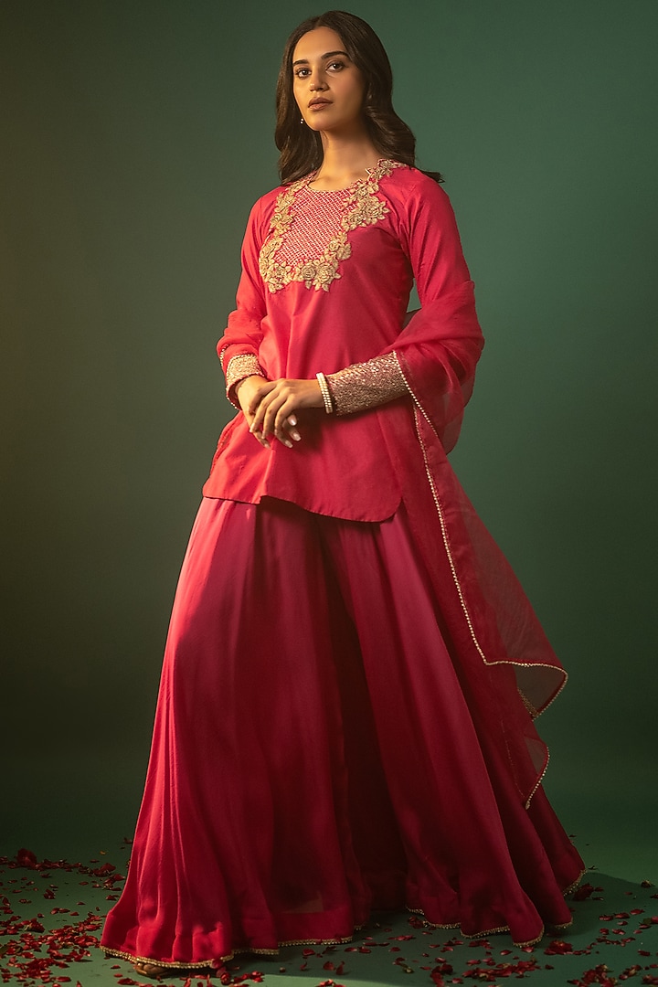 Pink Satin Georgette Party Wear Sharara Set by Neelu and Manvi at Pernia's Pop Up Shop