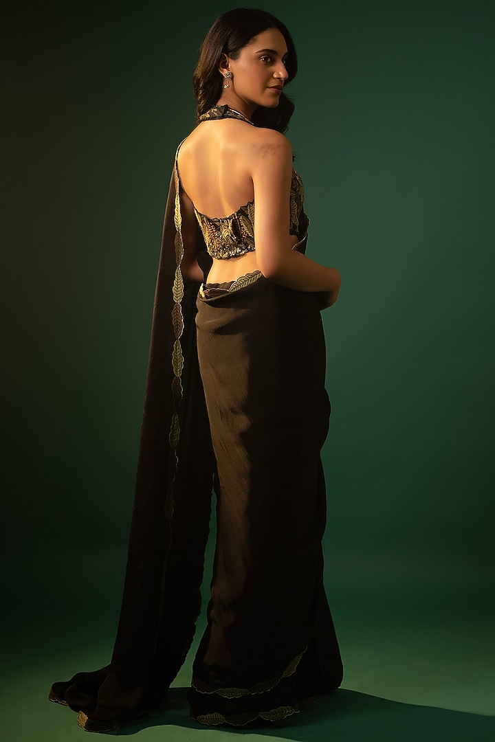 Black Satin Georgette Hand Embroidered Wedding Saree Set by Neelu and Manvi at Pernia's Pop Up Shop