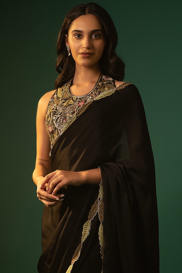 Black Satin Georgette Hand Embroidered Wedding Saree Set by Neelu and Manvi at Pernia's Pop Up Shop