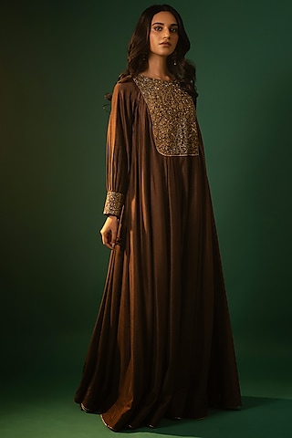 Brown Cotton Silk Zardosi Hand Work Maxi Dress by Neelu and Manvi