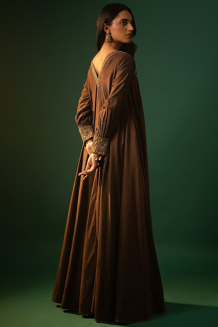 Brown Cotton Silk Zardosi Hand Work Maxi Vacation Dress by Neelu and Manvi at Pernia's Pop Up Shop