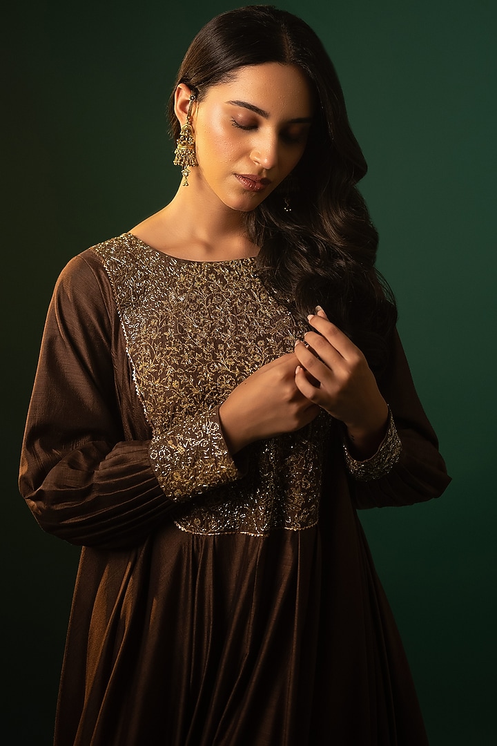 Brown Cotton Silk Zardosi Hand Work Maxi Vacation Dress by Neelu and Manvi at Pernia's Pop Up Shop
