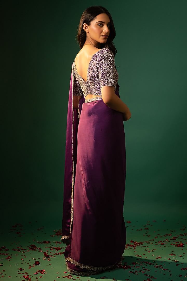 Purple Satin Georgette Zardosi Embellished Wedding Saree Set by Neelu and Manvi at Pernia's Pop Up Shop