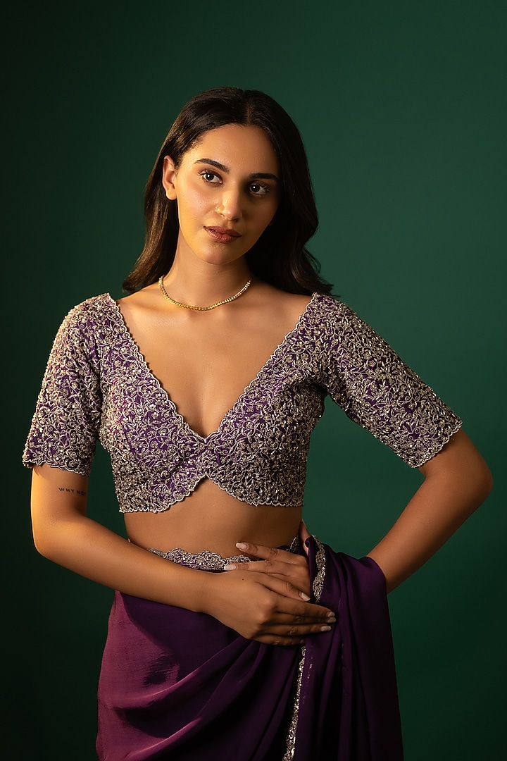 Purple Satin Georgette Zardosi Embellished Wedding Saree Set by Neelu and Manvi at Pernia's Pop Up Shop