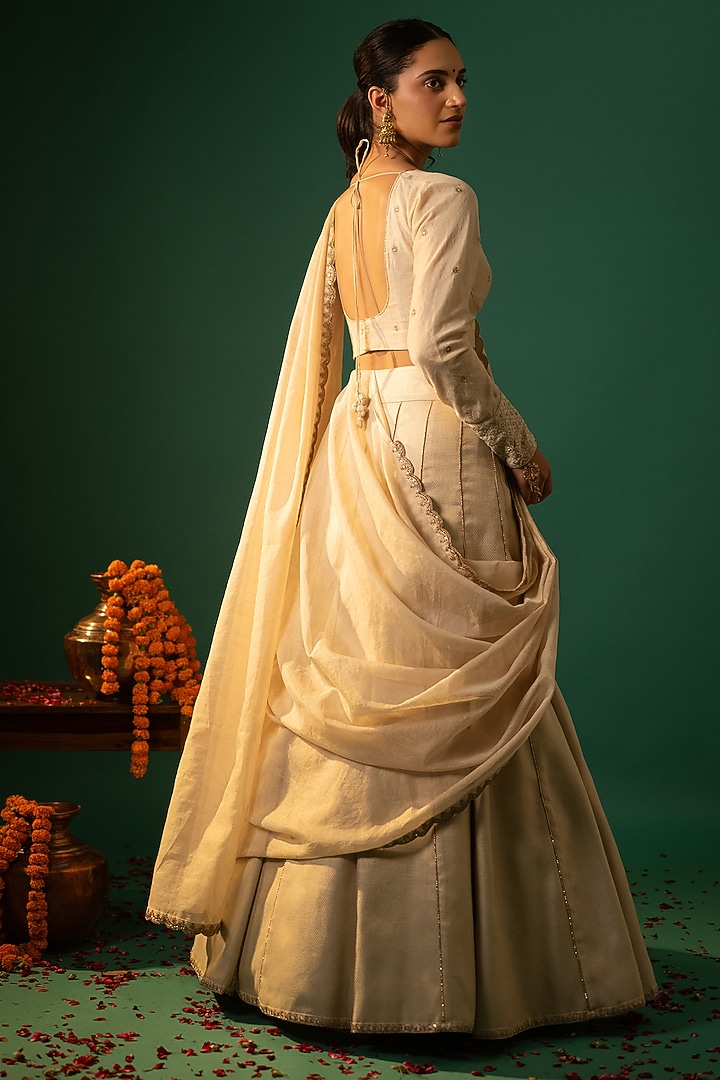 Ivory Brocade & Cotton Tissue Hand Work Wedding Lehenga Set by Neelu and Manvi at Pernia's Pop Up Shop