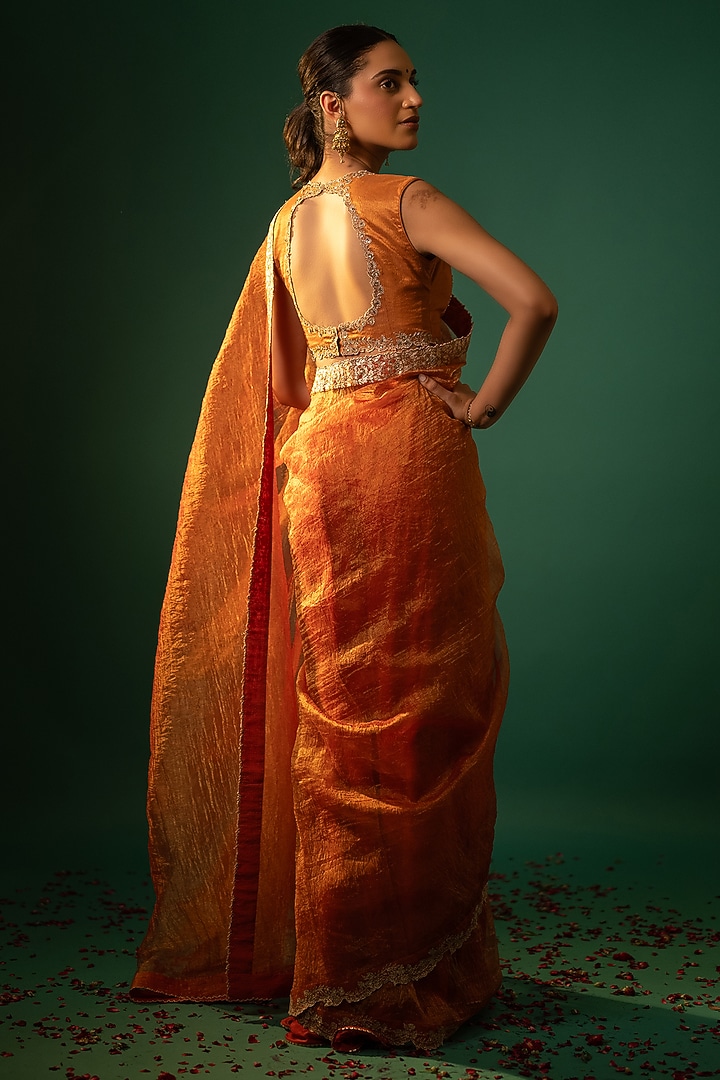 Orange Crushed Tissue Zari Work Wedding Saree Set by Neelu and Manvi at Pernia's Pop Up Shop