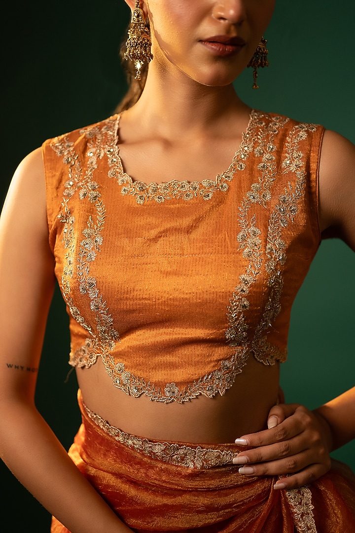 Orange Crushed Tissue Zari Work Wedding Saree Set by Neelu and Manvi at Pernia's Pop Up Shop