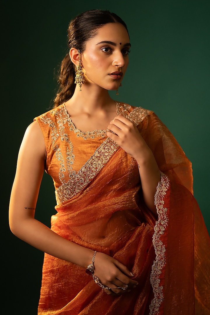 Orange Crushed Tissue Zari Work Wedding Saree Set by Neelu and Manvi at Pernia's Pop Up Shop