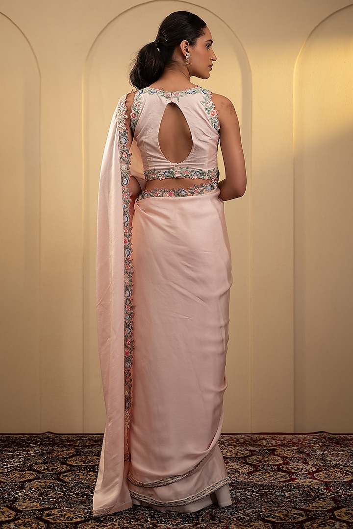 Light Pink Satin Pearl & Thread Work Wedding Saree Set by Neelu and Manvi at Pernia's Pop Up Shop