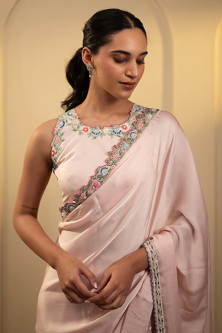 Light Pink Satin Pearl & Thread Work Wedding Saree Set by Neelu and Manvi at Pernia's Pop Up Shop