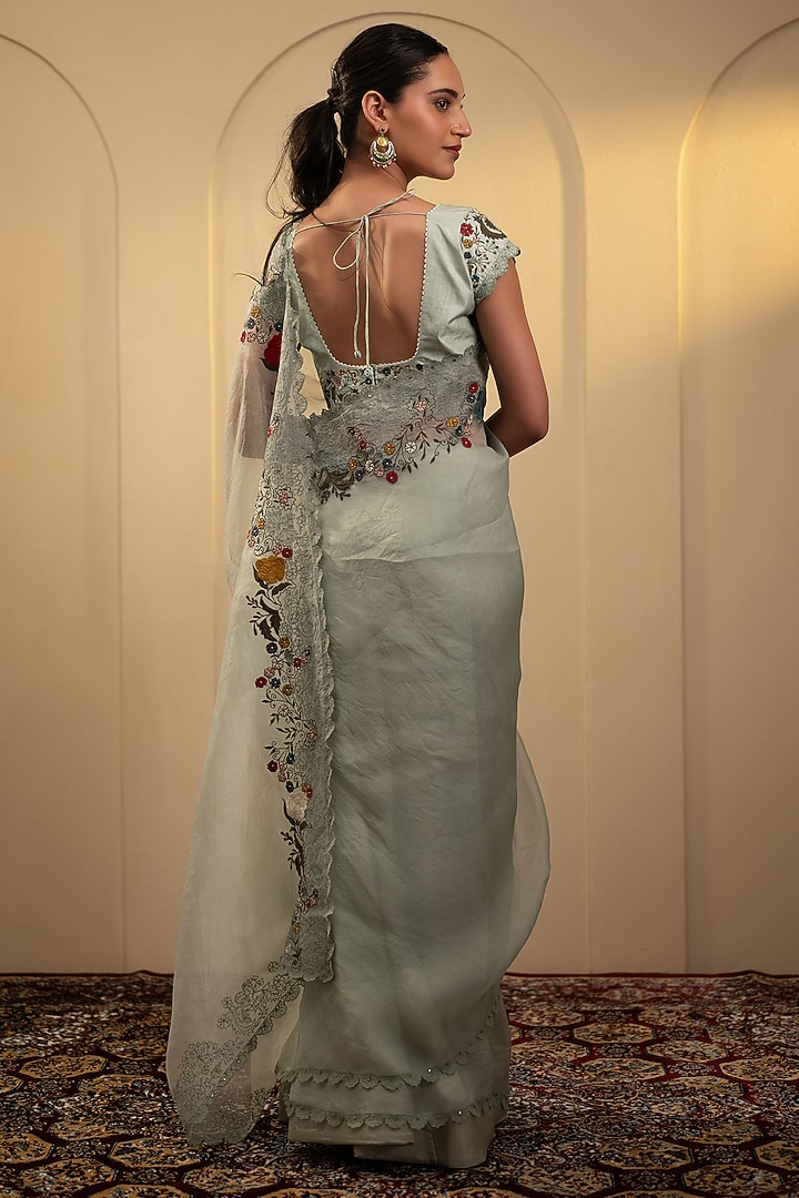 Mint Green Organza Thread Hand Work Wedding Saree Set by Neelu and Manvi at Pernia's Pop Up Shop