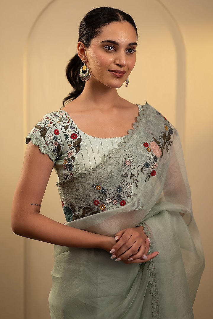 Mint Green Organza Thread Hand Work Wedding Saree Set by Neelu and Manvi at Pernia's Pop Up Shop