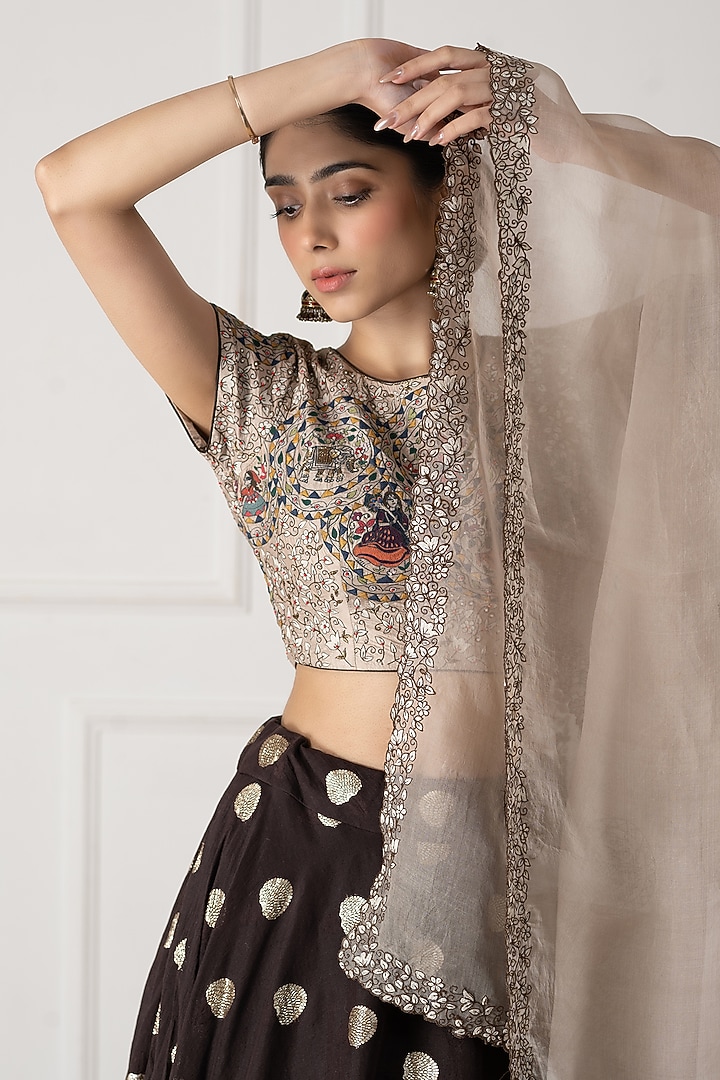 Brown Chanderi Hand & Machine Embroidered Wedding Lehenga Set by Neelu and Manvi at Pernia's Pop Up Shop