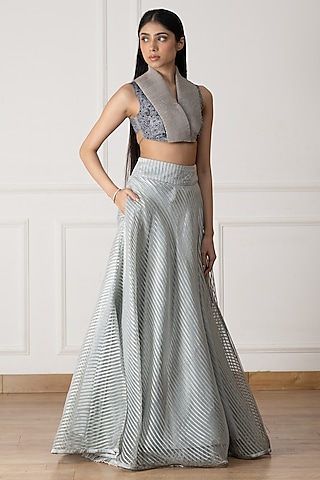 Light Blue Organza Hand Work Lehenga Set by Neelu and Manvi