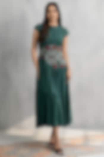 Green Double Georgette Applique Embroidered Midi Vacation Dress by Neelu and Manvi at Pernia's Pop Up Shop