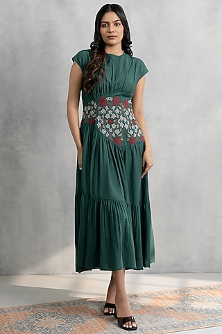 Green Double Georgette Applique Embroidered Midi Dress by Neelu and Manvi