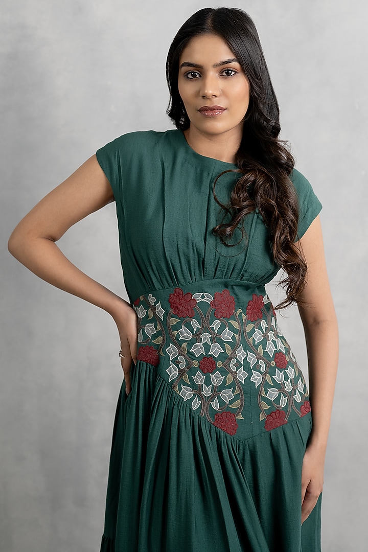 Green Double Georgette Applique Embroidered Midi Vacation Dress by Neelu and Manvi at Pernia's Pop Up Shop