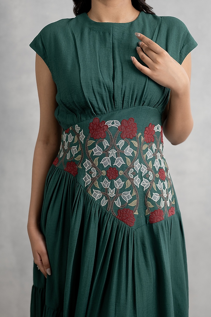 Green Double Georgette Applique Embroidered Midi Vacation Dress by Neelu and Manvi at Pernia's Pop Up Shop