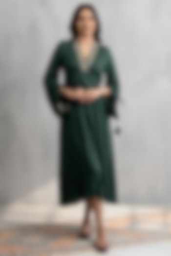 Deep Green Cotton Satin Embroidered Vacation Dress by Neelu and Manvi at Pernia's Pop Up Shop