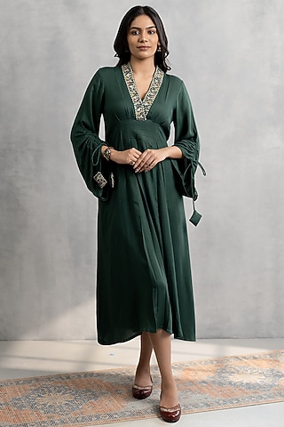 Deep Green Cotton Satin Embroidered Dress by Neelu and Manvi
