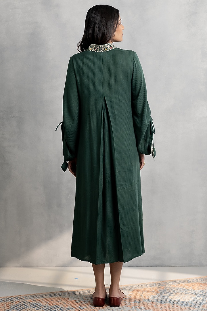 Deep Green Cotton Satin Embroidered Vacation Dress by Neelu and Manvi at Pernia's Pop Up Shop